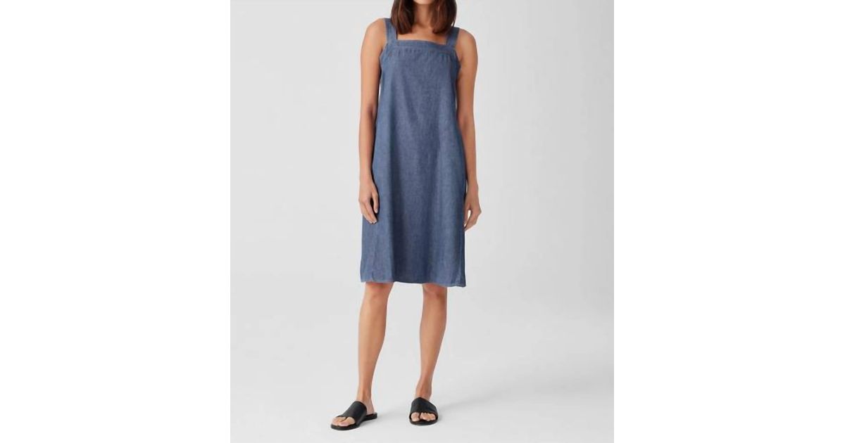 Eileen Fisher Airy Organic Cotton Twill Square Neck Dress in Blue Lyst