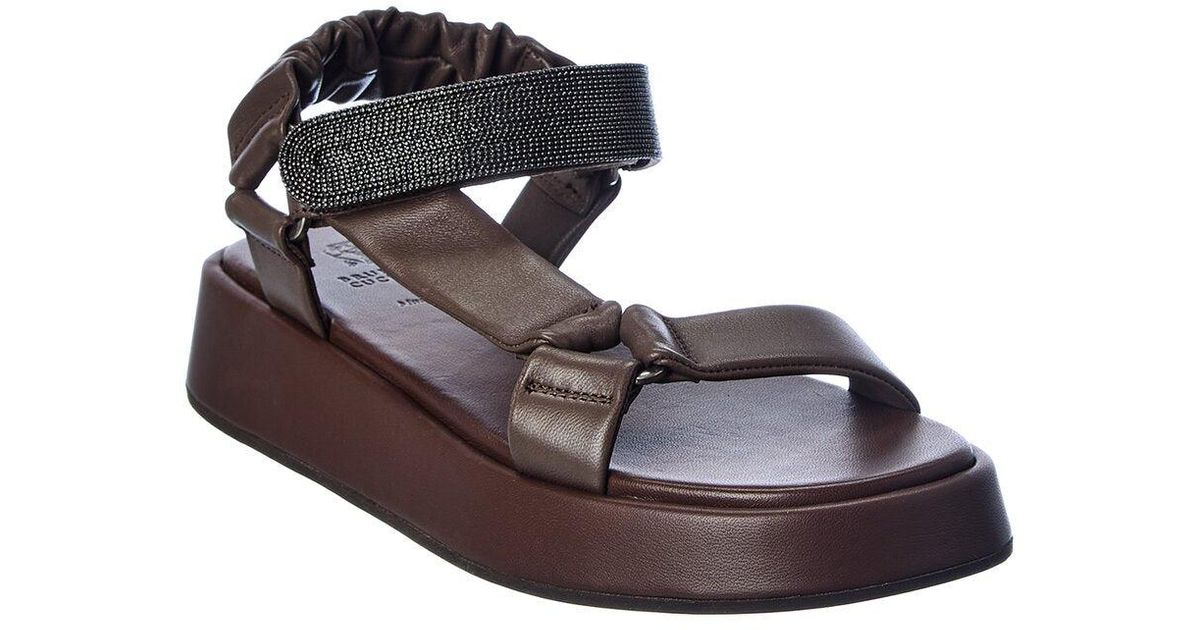 Brunello Cucinelli Leather Platform Sandal in Brown | Lyst