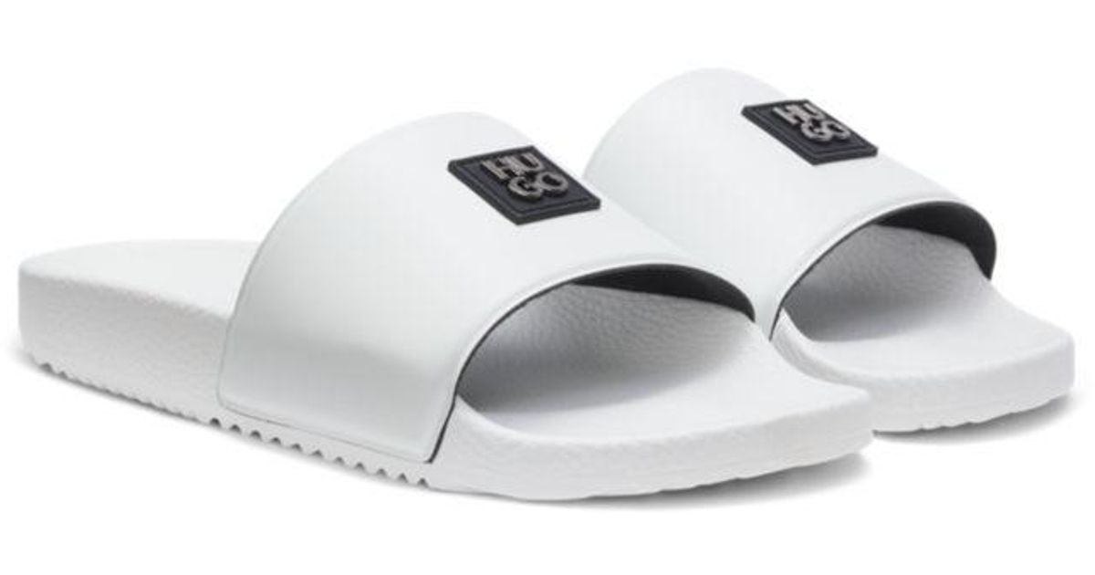 HUGO Italian-Made Slides With Stacked-Logo Uppers in White 