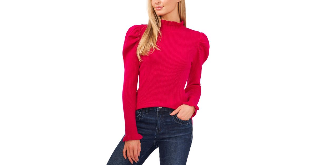 Cece Mock Neck Puff Sleeves Pullover Sweater in Red