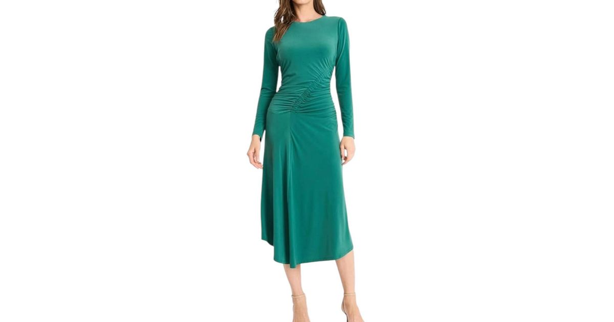 green emerald velvet dress Maggy London Shimmer Long Sleeve Gather Midi Party Dress