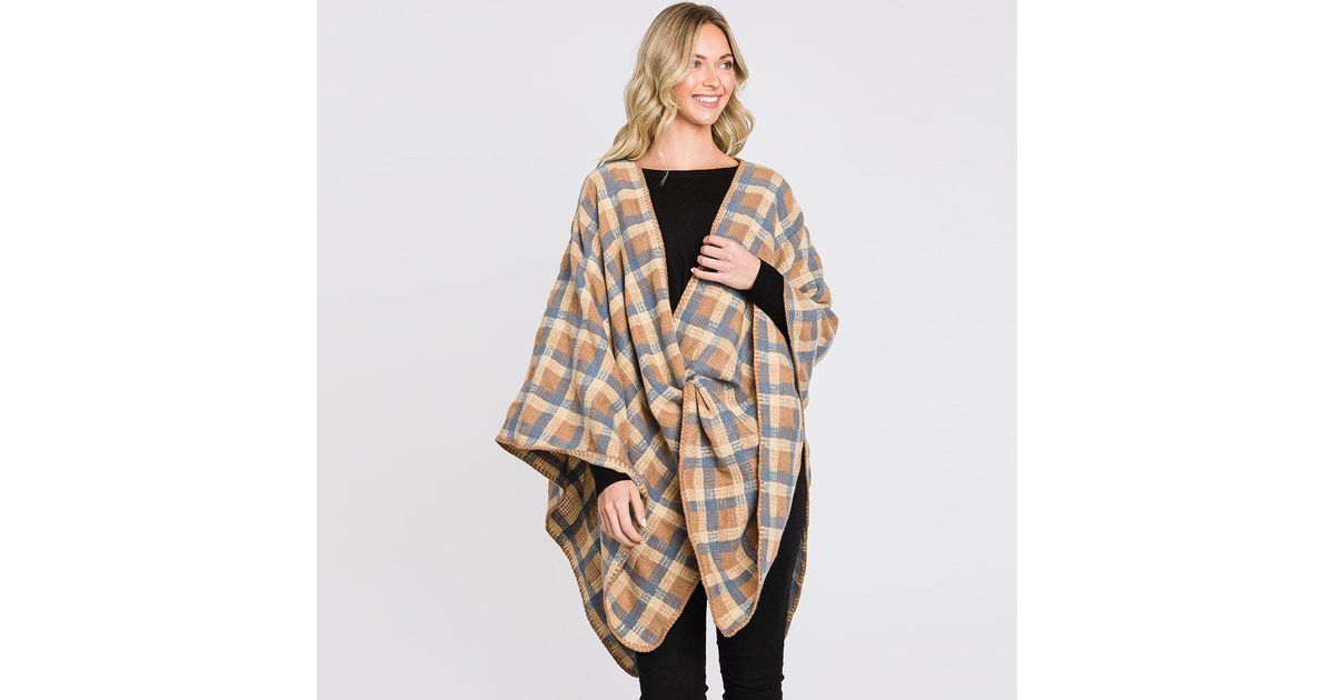 TRUEDAMES Plaid Check Patterned Ruana Poncho in Natural | Lyst