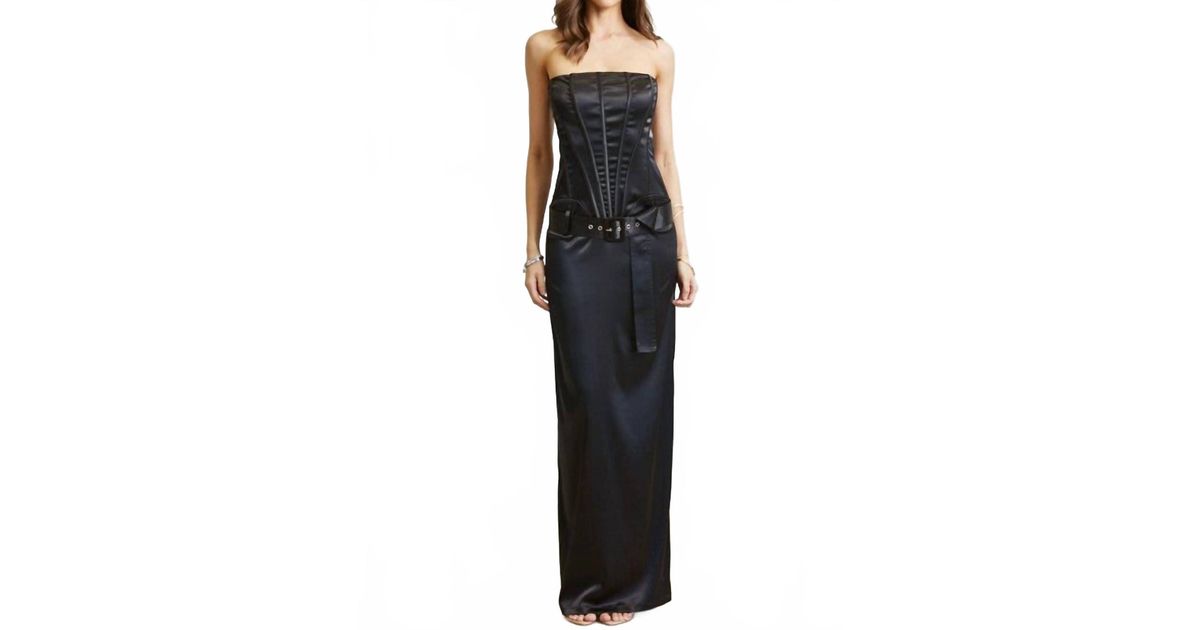BLITHE Hannah Satin Corset Belted Maxi Dress in Black | Lyst