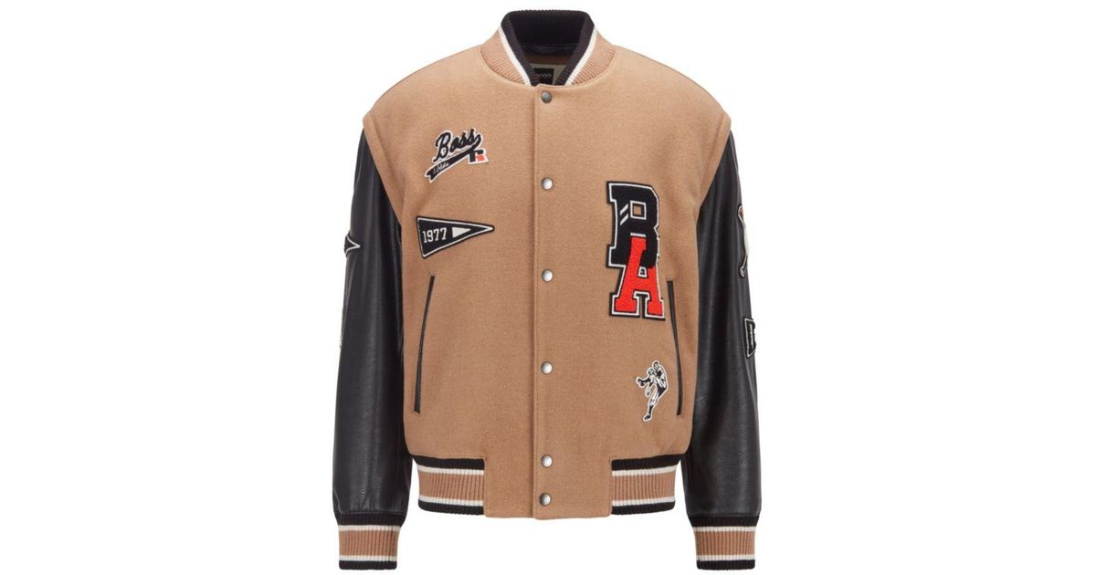 BOSS by HUGO BOSS Hugo Wool Blend Varsity Jacket With Branded Patches