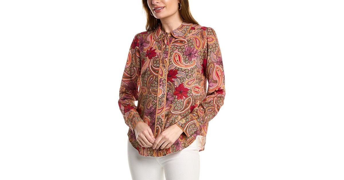 Johnny Was Amy Piped Silk Blouse in Red | Lyst