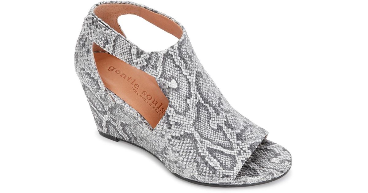GENTLE SOULS KENNETH COLE Womens Gray Snake Side Cut-Outs Comfort Lunette 75 Hooded Round Toe Wedge Leather Sandals Shoes M main image 1