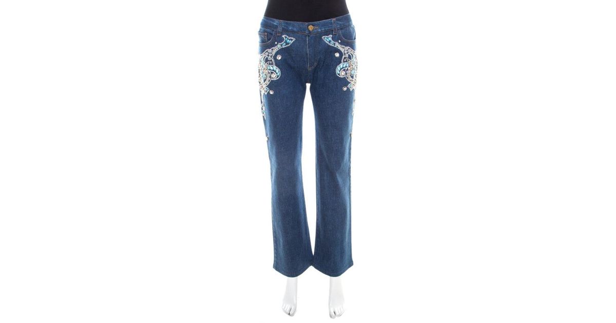 Roberto Cavalli Crystal Embellished Denim Wide Leg Jeans in Blue 