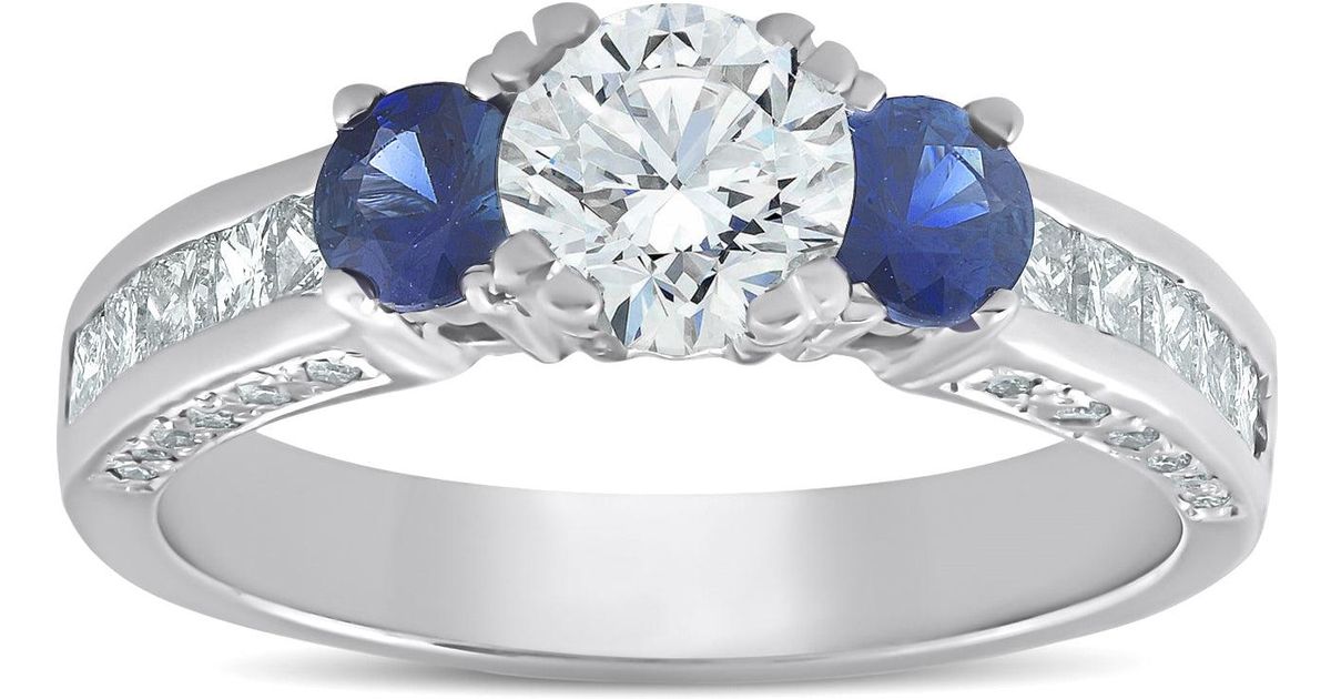 Pompeii3 3ct Three Stone Enhanced Diamond Blue Sapphire Accent Ring 14k