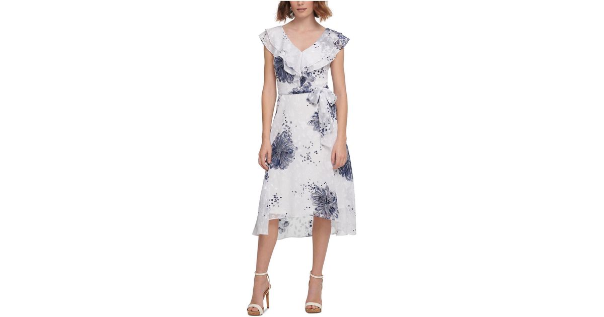 DKNY Belted Floral Midi Dress in Blue Lyst