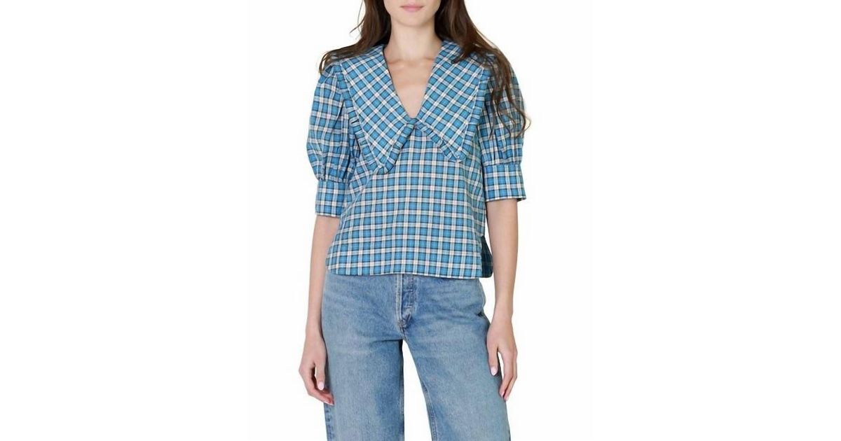 Ganni Seersucker V-neck Blouse in Azure Blue (Blue) | Lyst