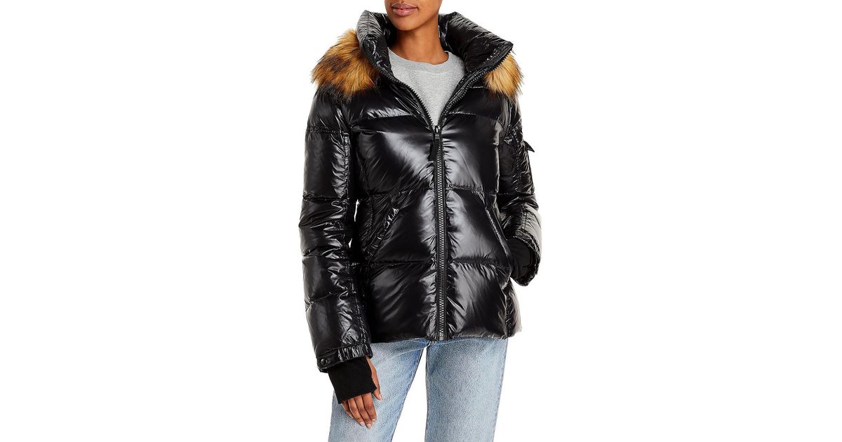 Aqua Allie Faux Fur Trim Hooded Puffer Coat in Black Lyst