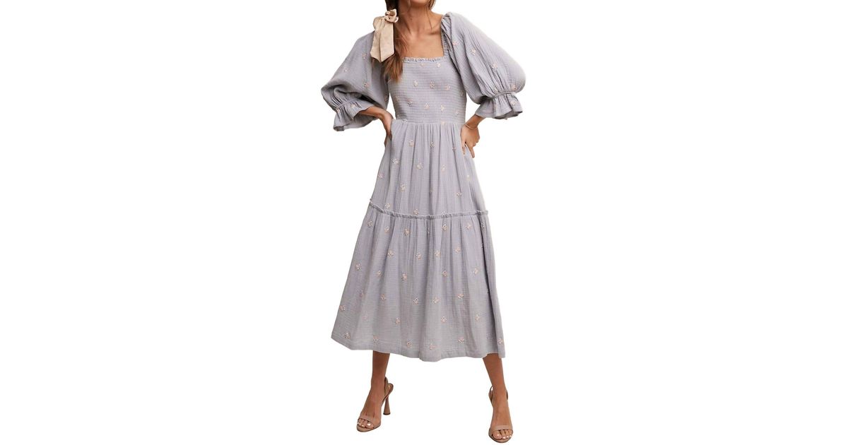 Listicle Ditzy Floral Embroidery Puff Sleeve Maxi Dress In Gray Lyst