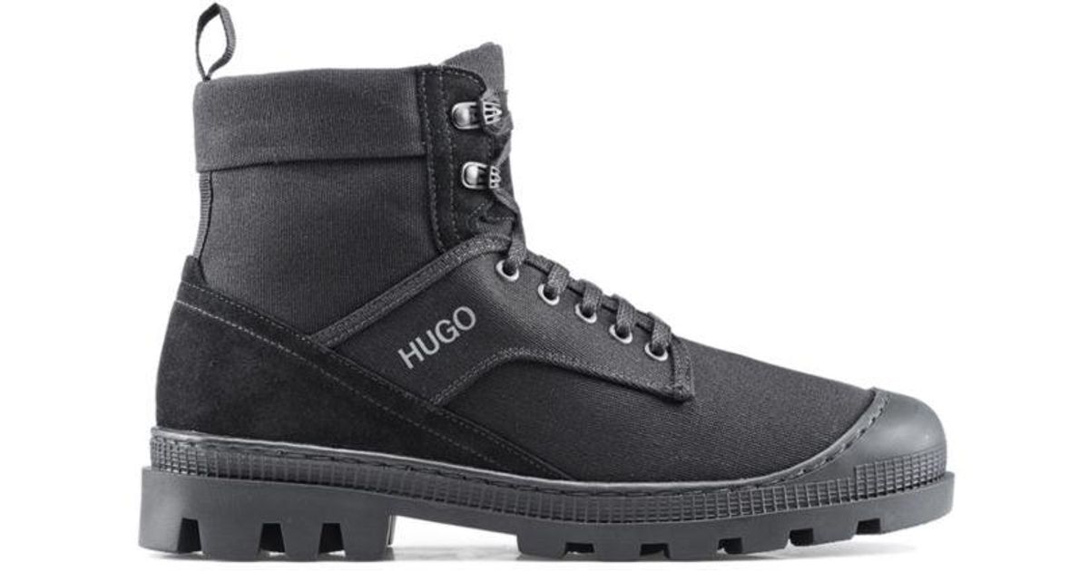 HUGO Boss Lace Up Boots In Suede And Cotton Canvas in Black for Men