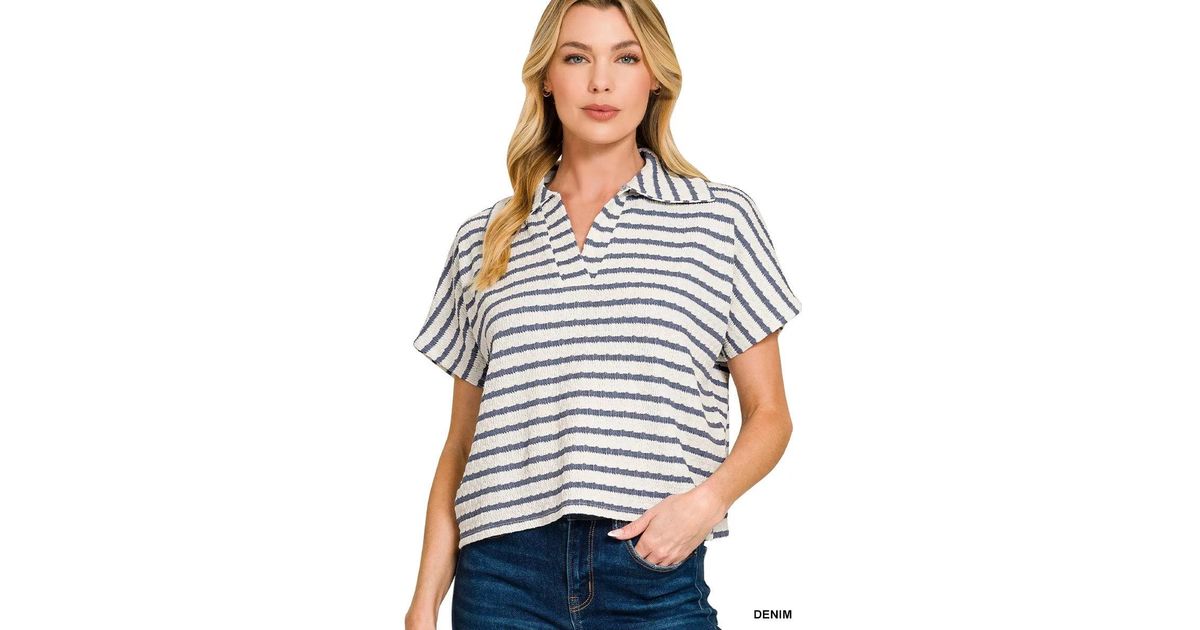 Round Split Neck TRUEDAMES Striped Split Neck Collared Top in White | Lyst