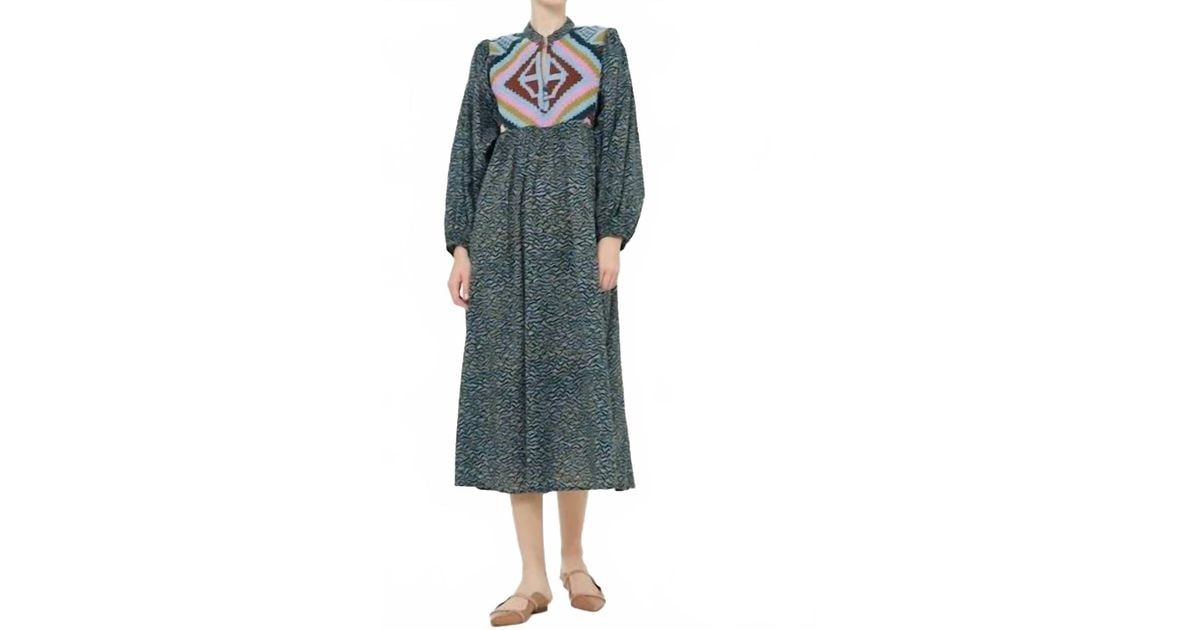 Oliphant Mandarin Balloon Sleeve Midi Dress in Blue | Lyst
