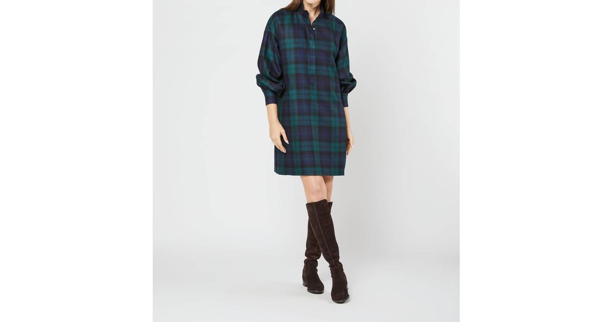 ANN MASHBURN Anaya Popover Dress In Blackwatch Wool Tartan in Blue | Lyst