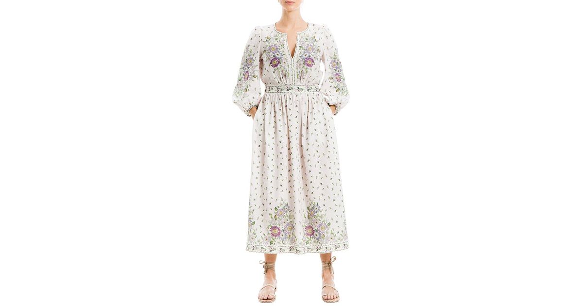 Max Studio Floral Linen Blend Dress in White | Lyst