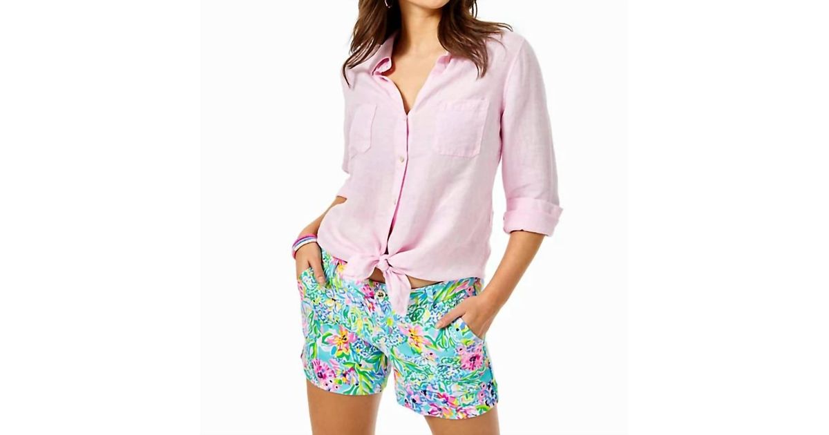 Lilly Pulitzer Sea View Linen Button Down Top In Urchin Pink X Resort