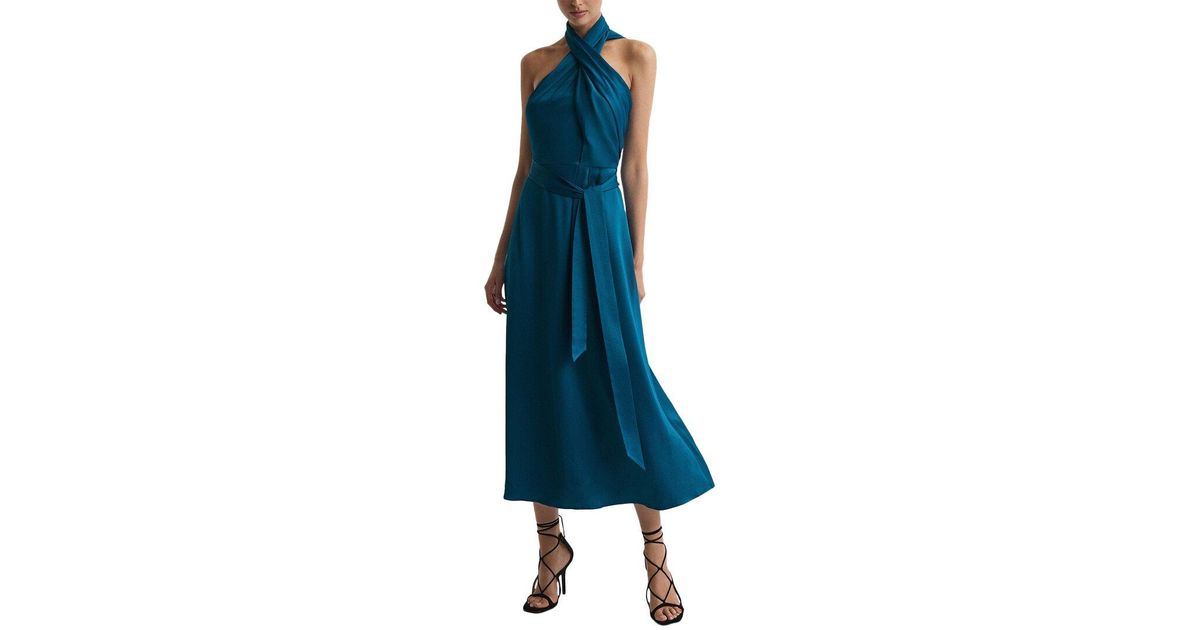 reiss vida satin halter dress Neck in Blue Fitted midi dress