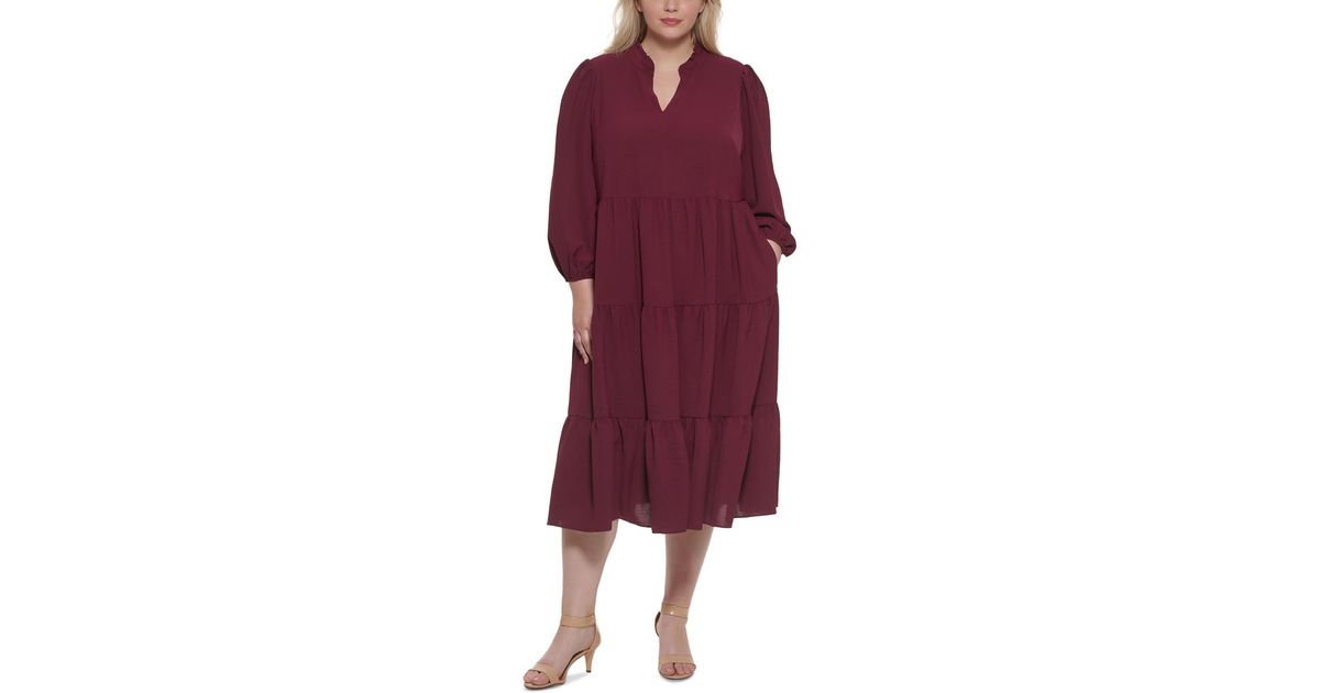 Jessica Howard Plus Tiered Split Neck Midi Dress in Purple | Lyst