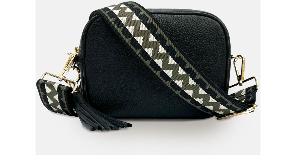 Apatchy London Black Leather Crossbody Bag With Olive & Black Zigzag