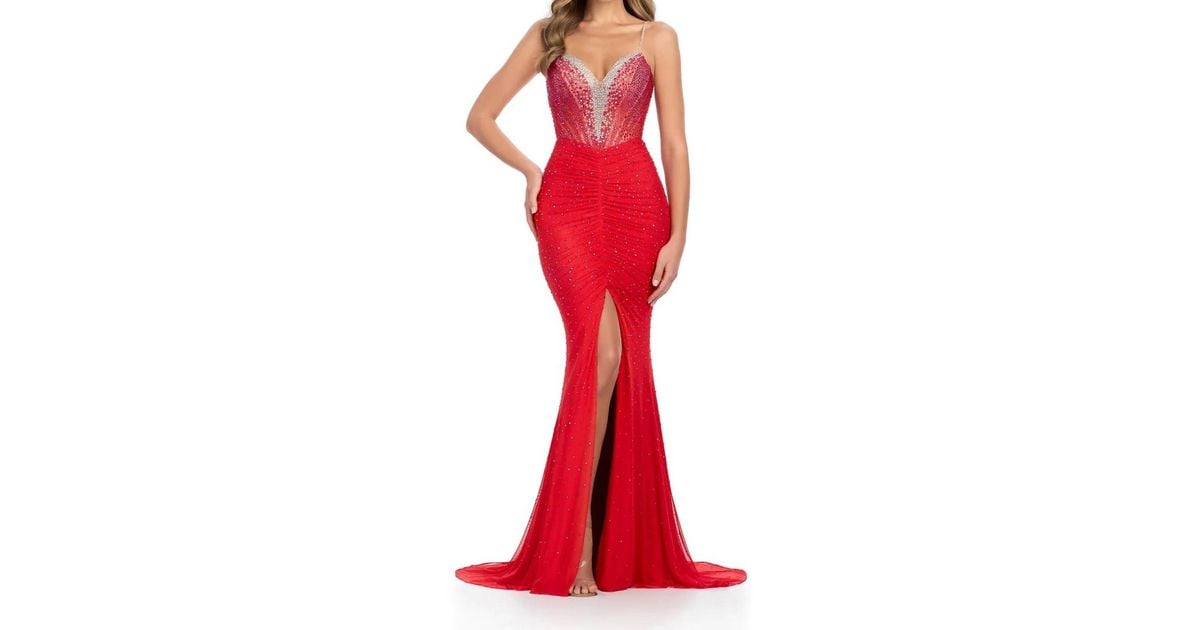 Ashley Lauren Deep V-Neck Corset Bustier Evening Dress in Red | Lyst
