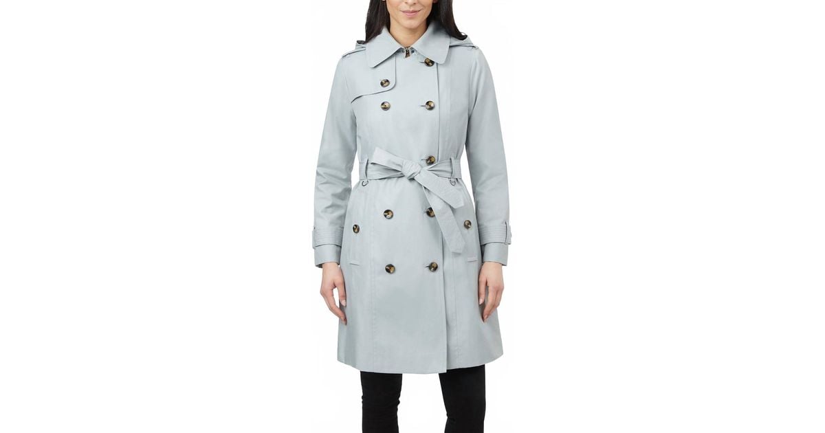 London Fog Double Breasted Hooded Trench Coat With Waist Belt in Gray