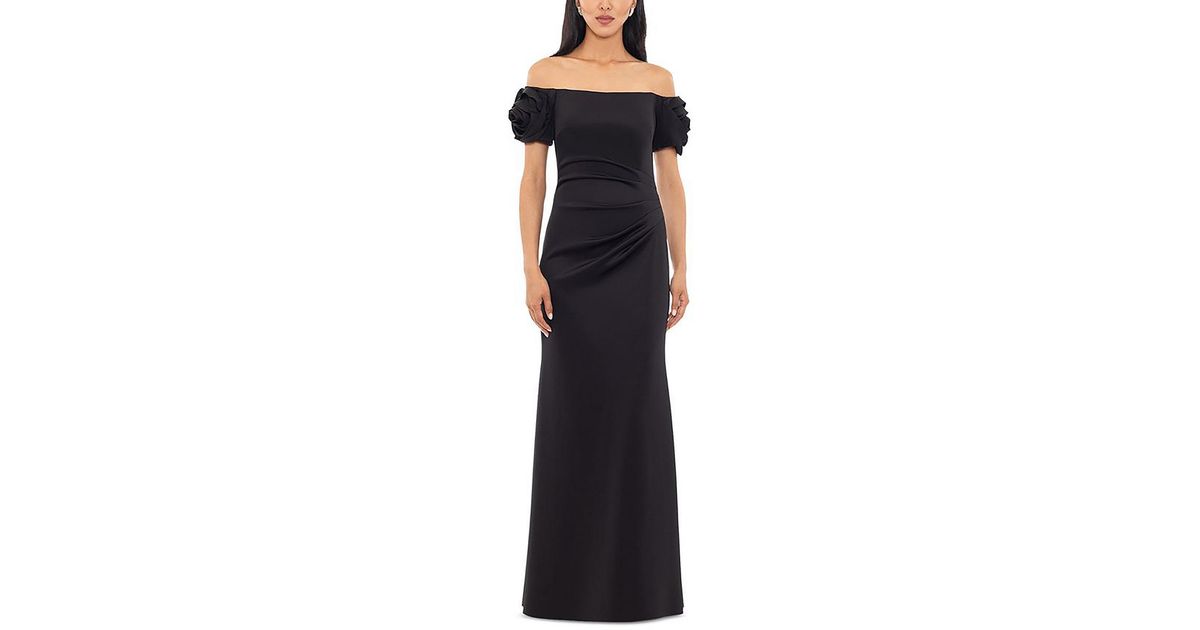 XSCAPE Womens Ruffled Short Sleeve Off Shoulder Full-Length Evening Sheath Dress