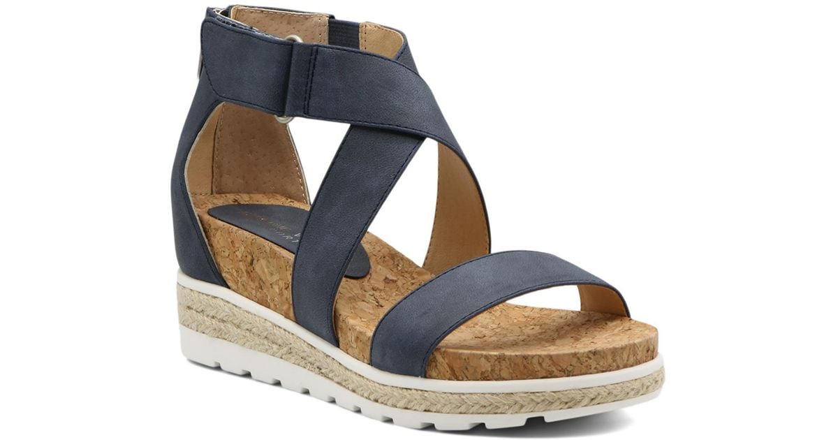 Adrienne Vittadini Faux Leather Cork Wedge Sandals in Blue Lyst