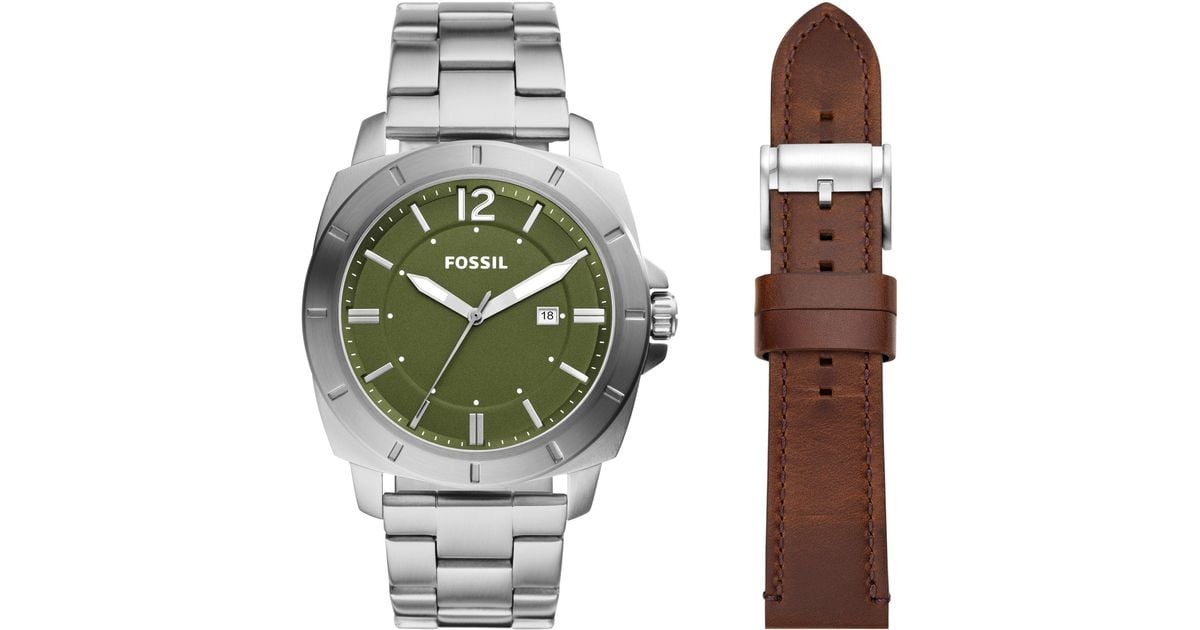 Fossil Privateer Threehand Date, Stainless Steel Watch Set in Metallic