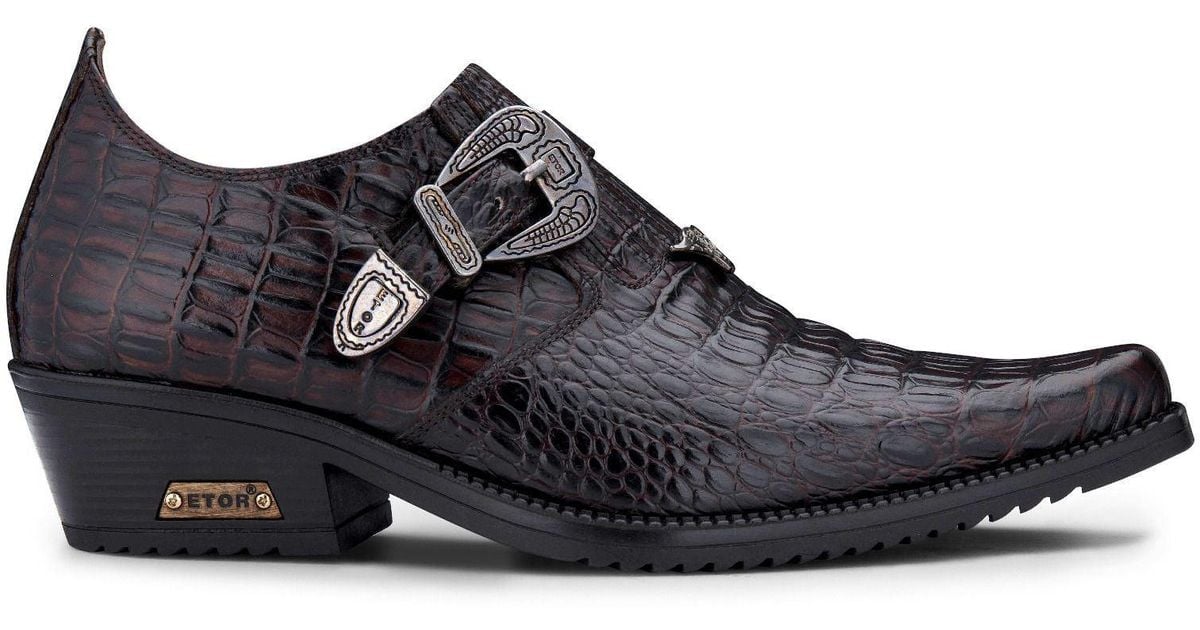 Infinity Leather Croc Leather Cuban Heel Winklepicker Shoes in Black ...