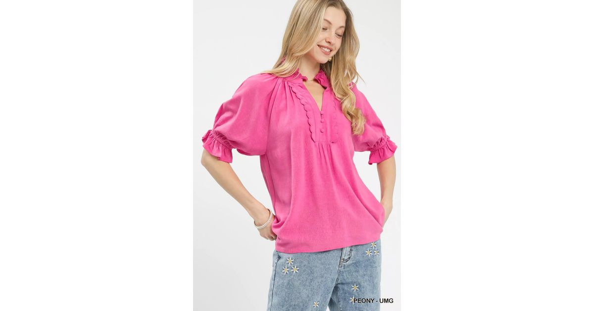 Pink Ruffle Neck Blouse TRUEDAMES Linen Scalloped Ruffle Neck Blouse in Pink | Lyst