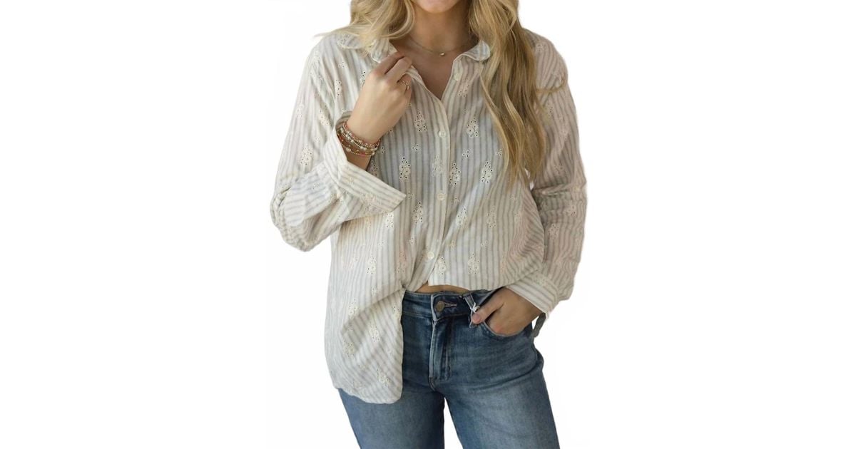 Easel Lizzie Eyelet Stripe Button Up Shirt in Gray | Lyst