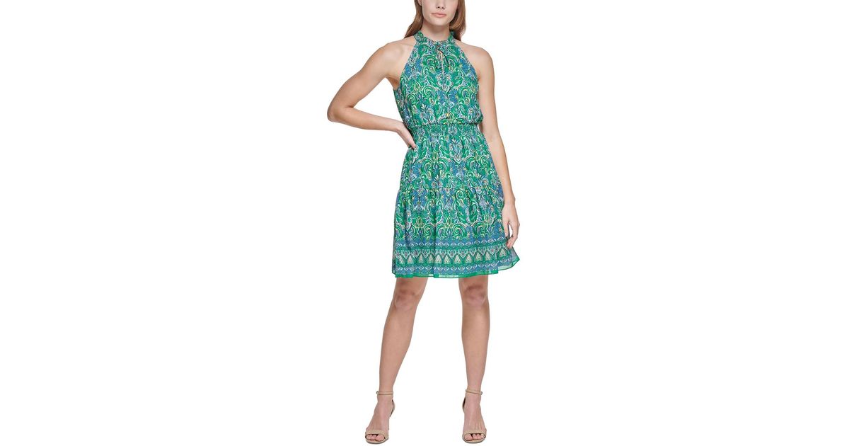 Vince Camuto Smocked Midi Fit & Flare Dress in Green | Lyst