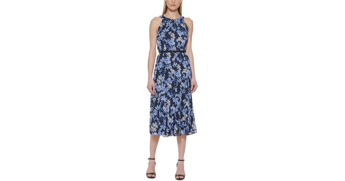 Tommy Hilfiger Petites Floral Print Calf Midi Dress in Blue | Lyst