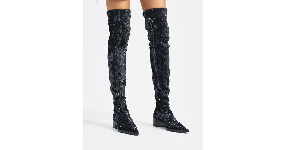 black sequin thigh high boots