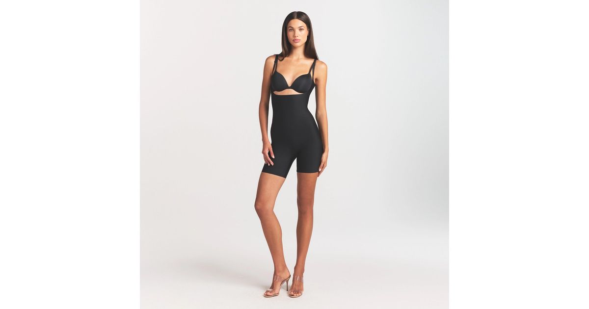 Skims Core Sculpt Back Smoothing Open Bust Mid Thigh Bodysuit in Black ...