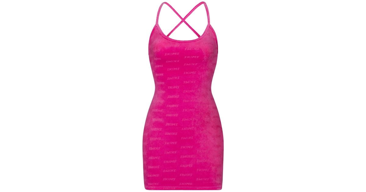 Skims Logo Velour Slip Dress in Hot Pink (Pink) | Lyst