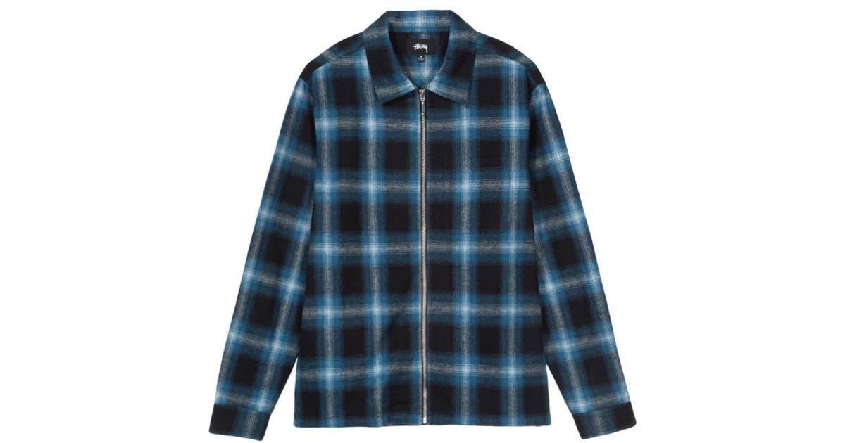 Stussy Cotton Zip Up Shadow Plaid Ls Shirt Blue for Men - Lyst