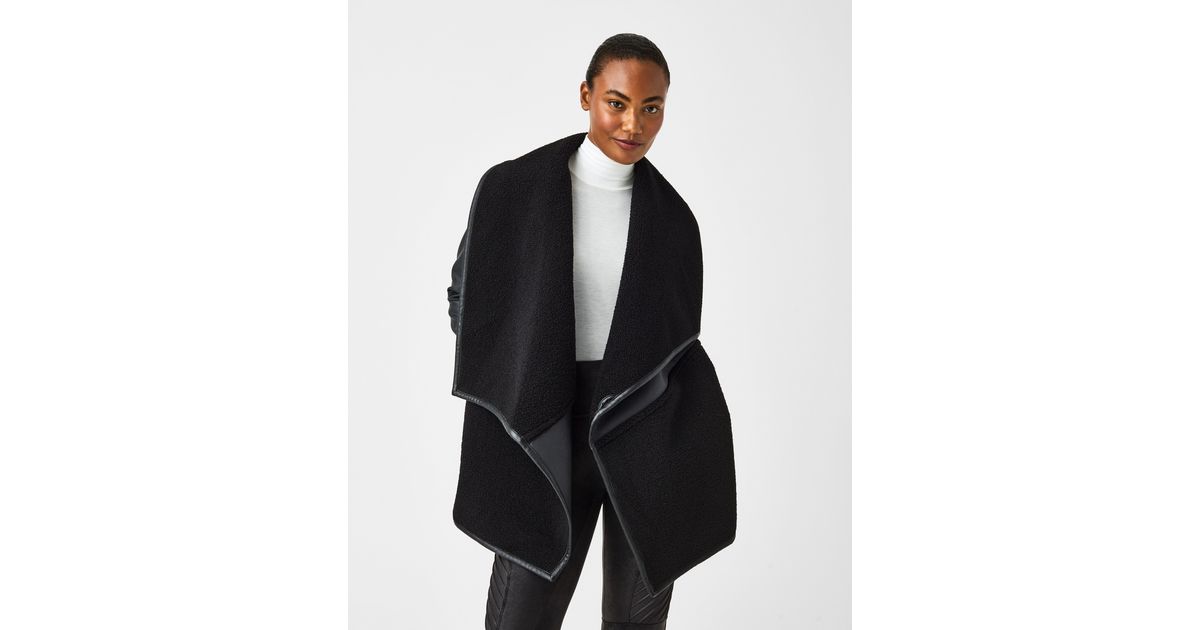 Spanx - Fleece & Faux Leather Long Wrap Jacket Black/Snow - cozy