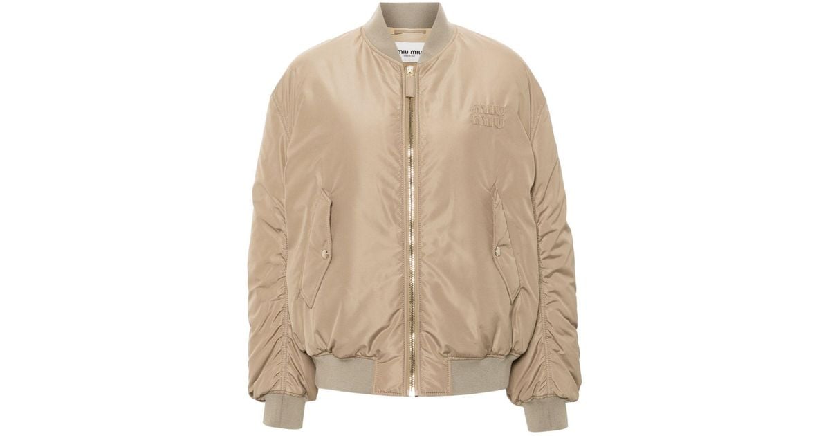 Miu Miu Logo-patch Bomber Jacket in Natural | Lyst