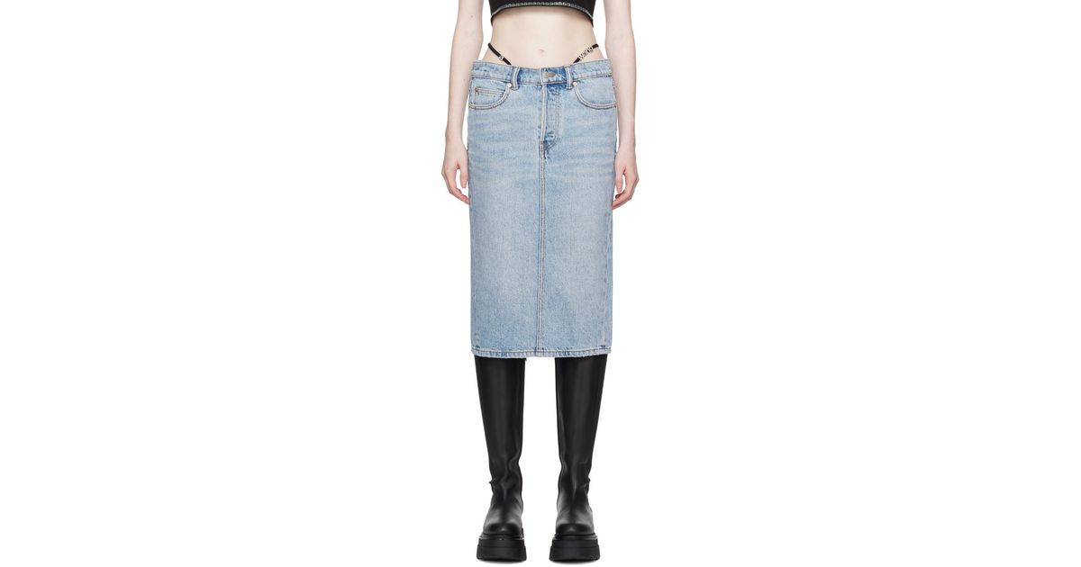 Alexander Wang Blue Diamanté Denim Midi Skirt in Black