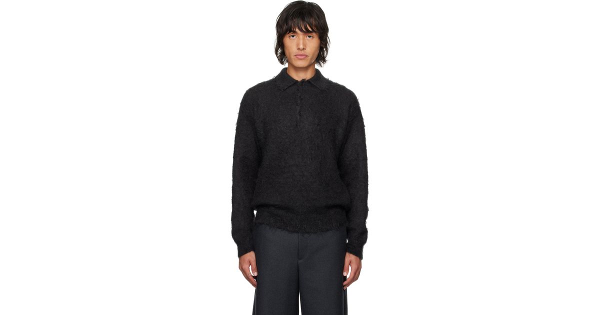 トップス AURALEE BRUSHED MOHAIR KNIT POLO BLACK 1 Auralee Brushed Super Kid Mohair Knit Polo Ink Black | HAVEN