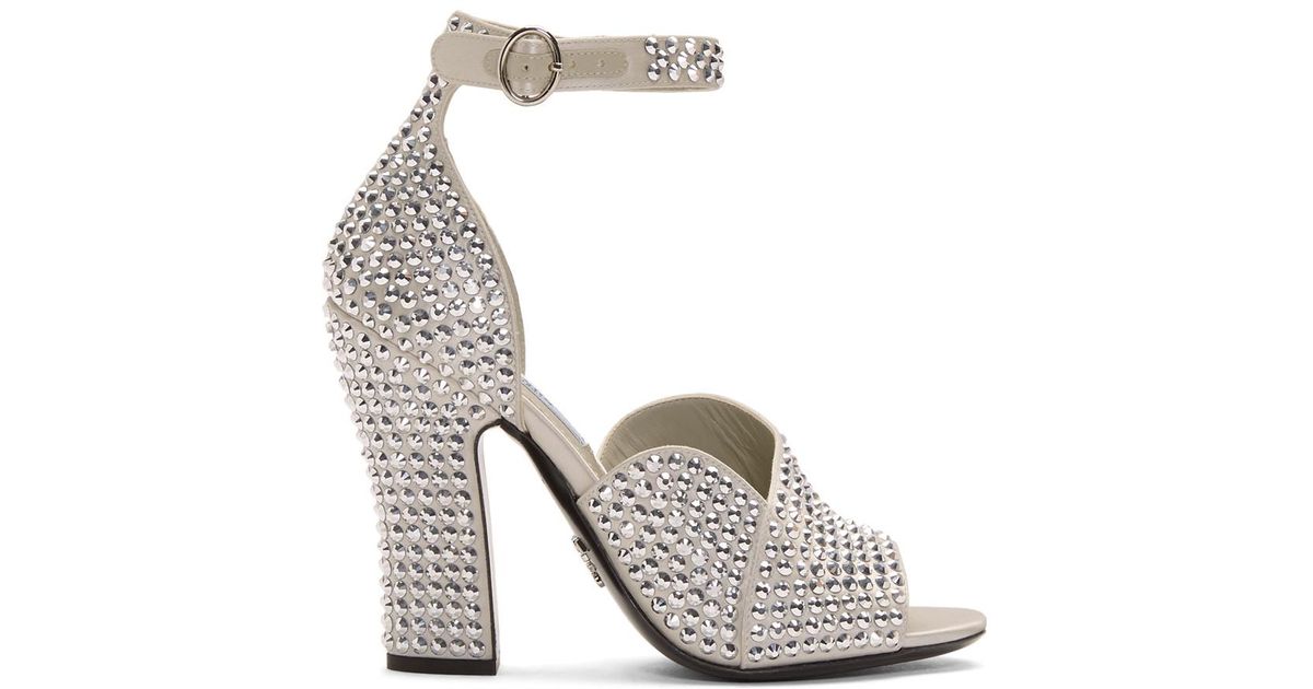 Prada Silver Crystal Embellished Strappy Heeled Sandals in Metallic | Lyst