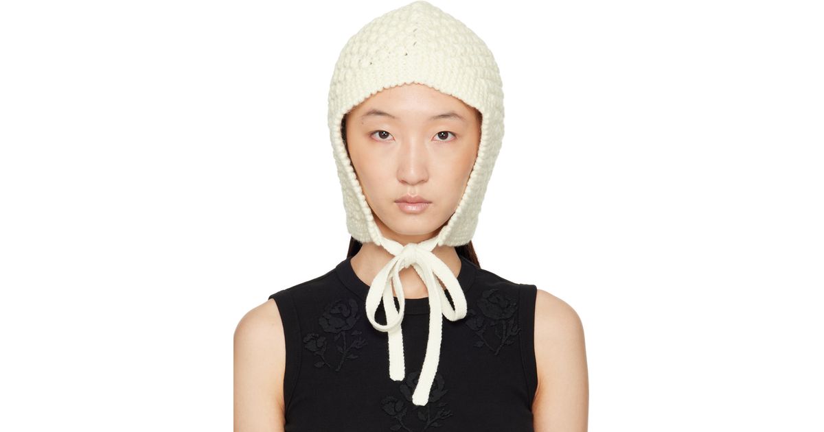 Shushu/Tong Knit Bonnet Hat Ivory Tie Strap Coquette Style One Size Shushu/Tong + Off-White Tied Knit Beanie main image 2