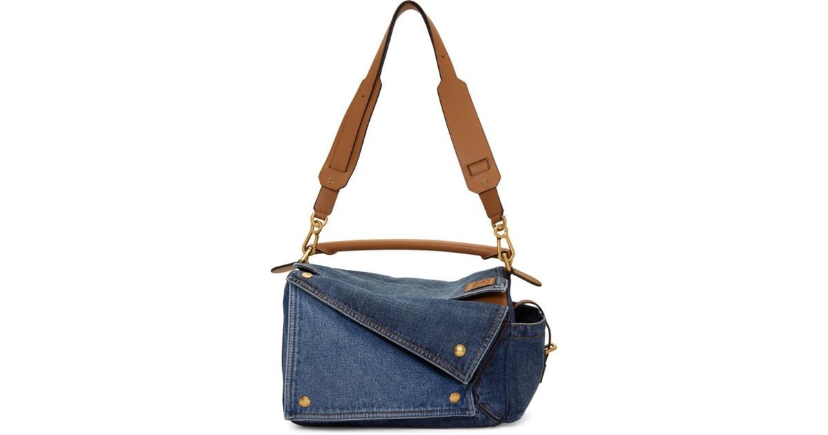 Loewe Tan And Blue Medium Denim Puzzle Pockets Bag | Lyst