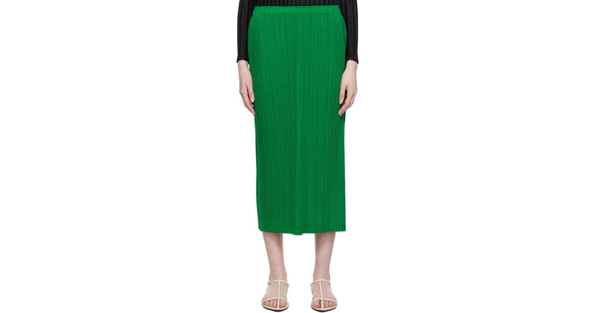 Green Technical-pleated midi skirt, Pleats Please Issey Miyake