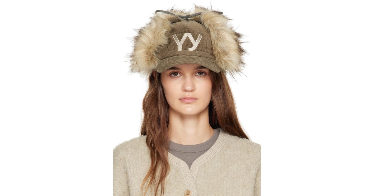OPEN YY Faux Fur Corduroy Earflap Cap in Natural | Lyst Australia