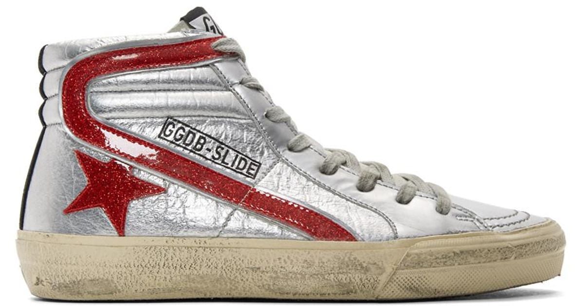 Golden Goose Silver And Red Glitter Slide High-top Sneakers in Metallic |  Lyst