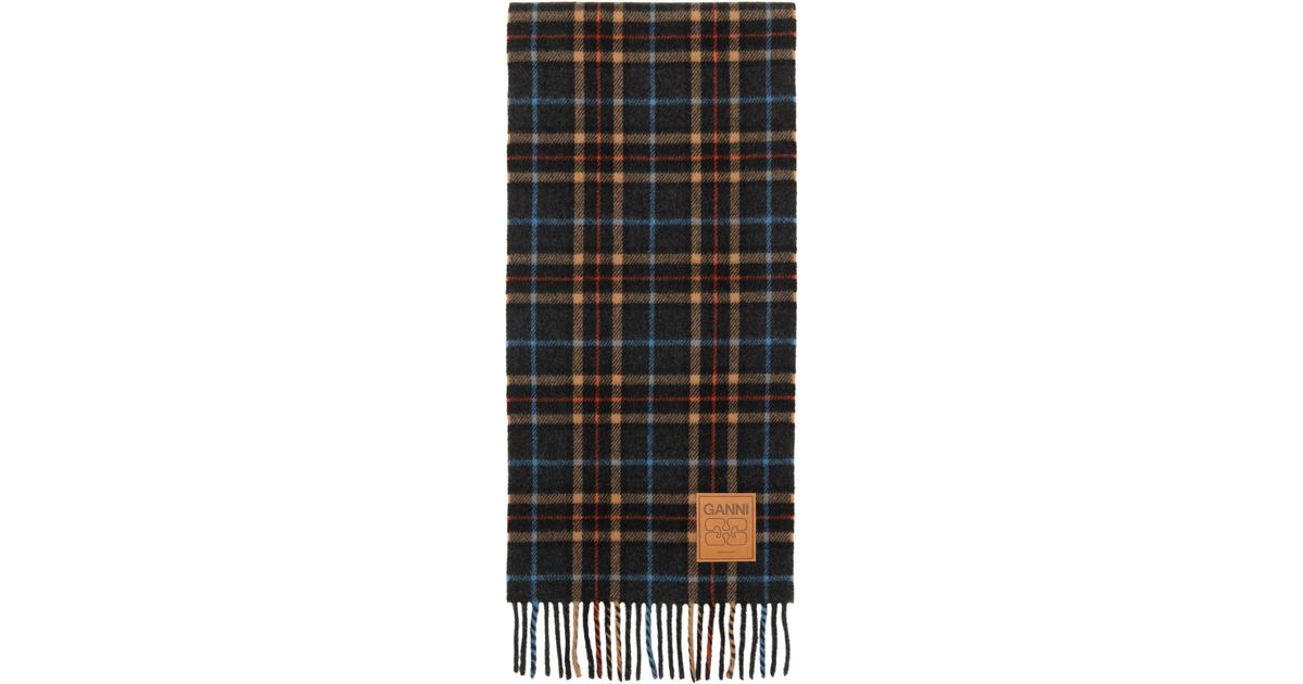 Ganni Double Face Wool Check Scarf - Charcoal Grey